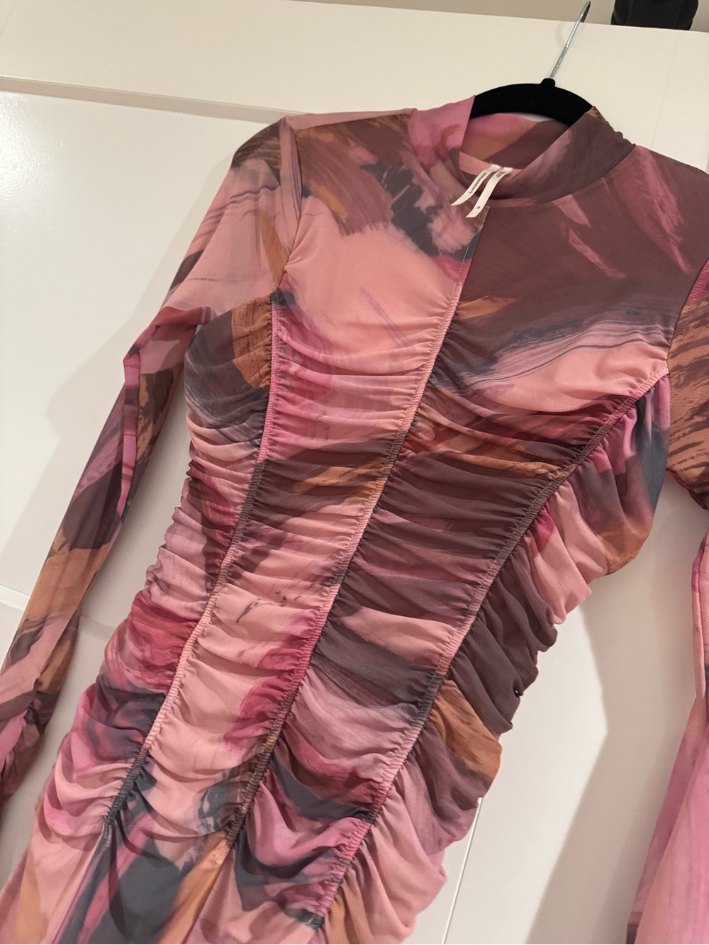 Anthropologie Pink & Brown Abstract Ruched Long-Sleeve Midi Dress - Picture 6 of 6